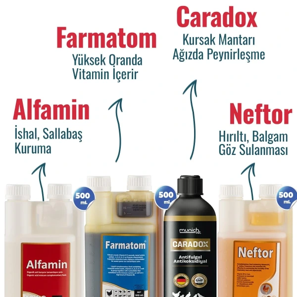 4lü Kanatlı Set 500 ml Caradox Kursak Mantarı Neftor Hırıltı Alfamin İshal Farmatom Vitamin